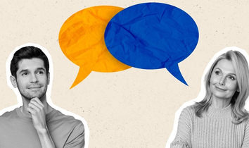 Ein Mann und eine Frau mit Sprechblasen: Interview zu Best-Practice-Beispiel zu BGF mit der Handwerkskammer Dresden