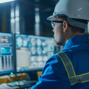 Ein Mitarbeiter mit Schutzhelm vor mehreren Bildschirmen mit geöffneten Anwendungsprogrammen - Digitalisierung nimmt in allen Arbeitsbereichen zu.