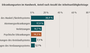 Gesundheit im Handwerk:eine Graphik zeigt die Erkrankungsarten in Relation zu Arbeitsunfähigkeitstagen