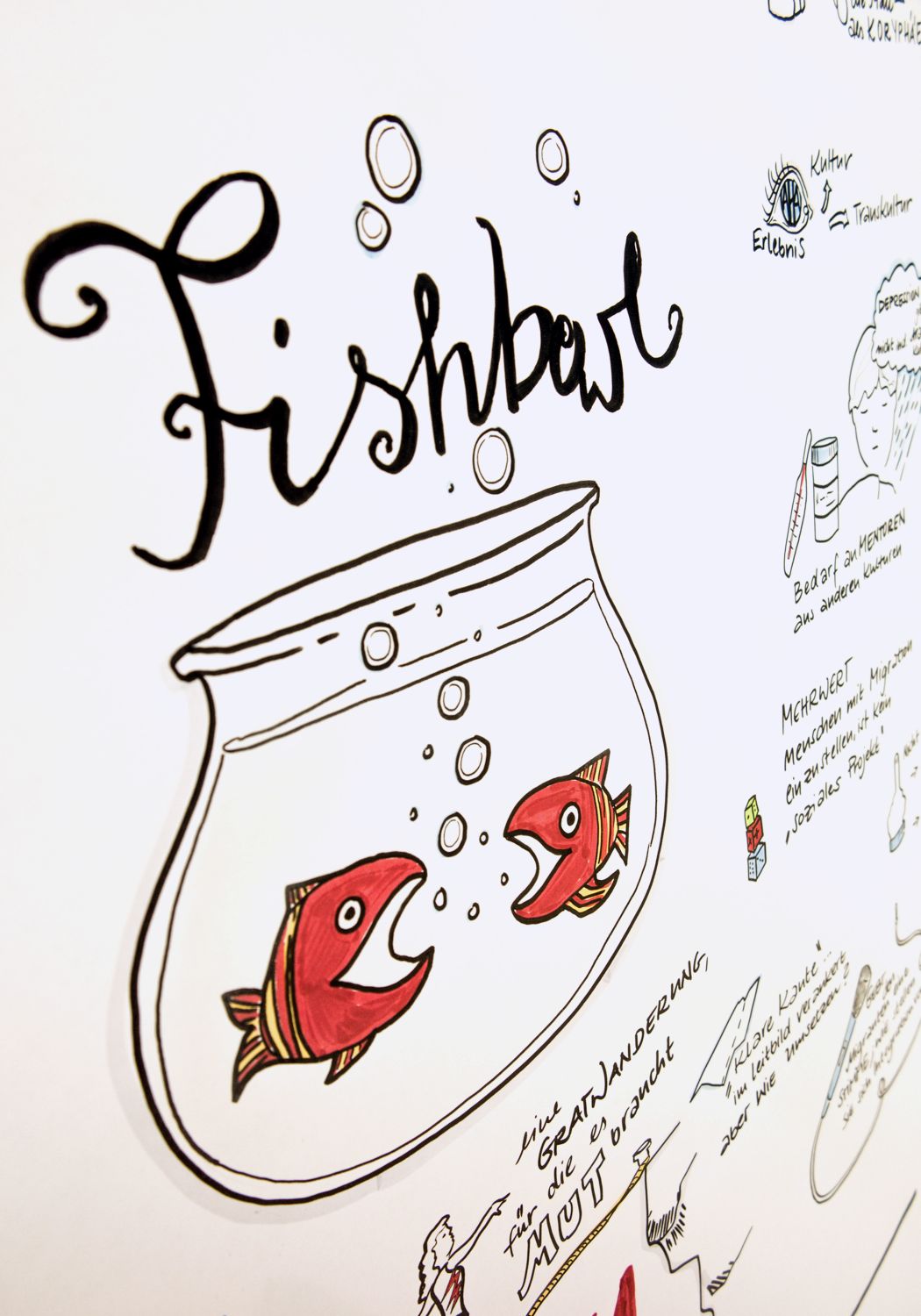 iga.Kolloquium 2017: Eine Zeichnung zeigt ein Fischglas mit zwei Fische, die sich unterhalten.